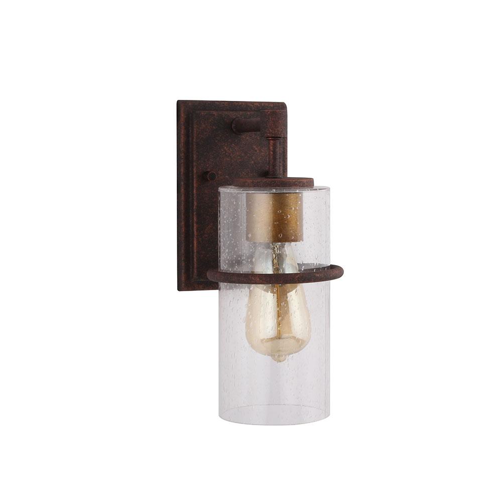 1 LT Outdoor Wall Light w/ Rust Color Finish w/ Gold accent & Clear Seeded Glass