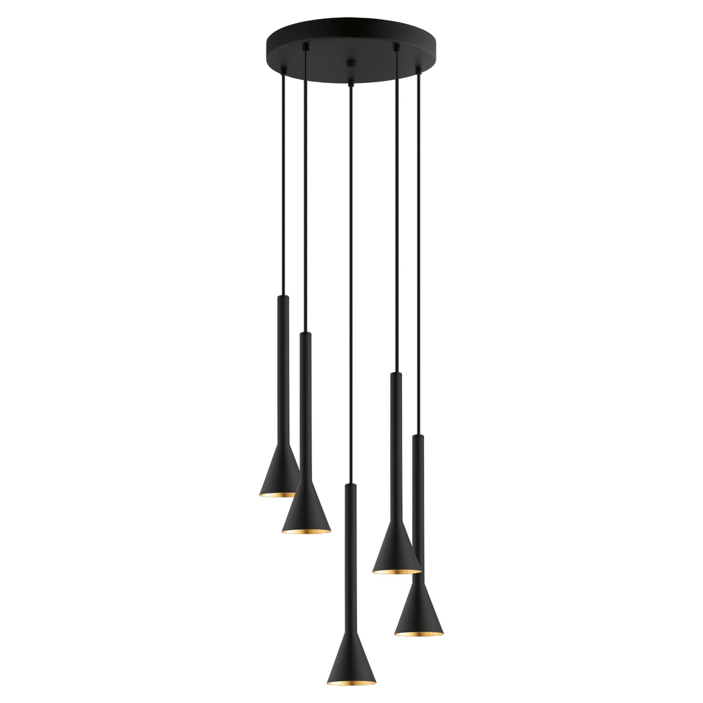 5 LT Staircase Pendant w/ Black Finish & Black w/ Gold Interior Metal Shades