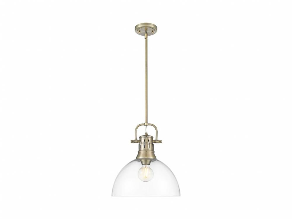 Duncan 1-Light Pendant with Rod in Aged Brass with Clear Glass